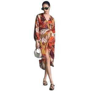 Anthropologie Women's Floral Tropical Long Sleeve Wrap Midi Dress NWT Orange S